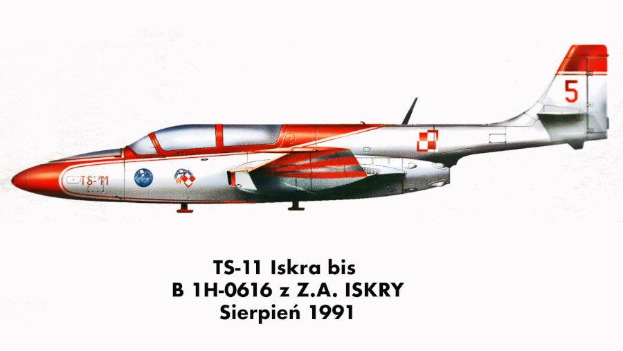 TS-11 Iskra nr 5 w biało-czerwonym malowaniu. - Źródło grafiki: rys: Tomasz Łaz Monografia TS-11 Iskra Aeromax nr.1 / Niebo bez granic
