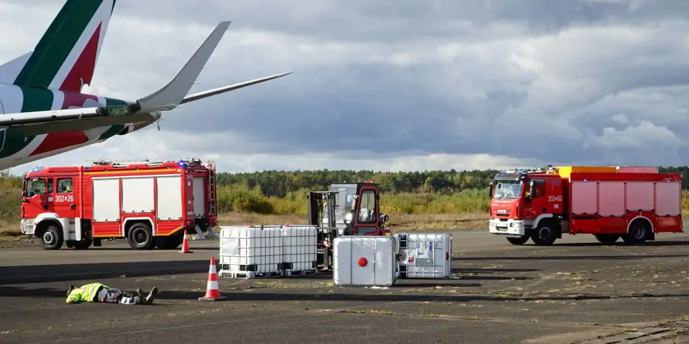 Ćwiczenia dotyczące zagrożenia chemicznego w porcie lotniczym w Bydgoszczy - Foto: PLB