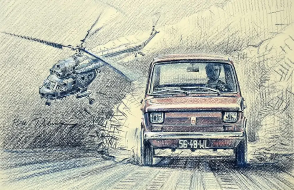Jedno z dzieł Piotra Dubowika - Mi-2 i Fiat 126p