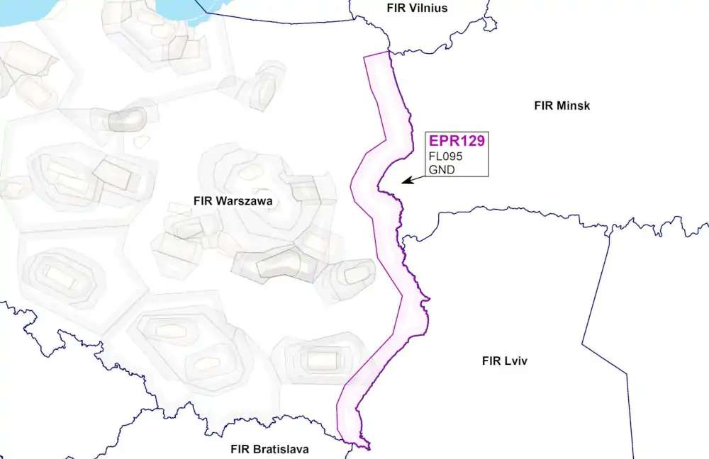 Mapa przedstawiająca widok strefy zakazu lotów przy wschodniej granicy Polski
