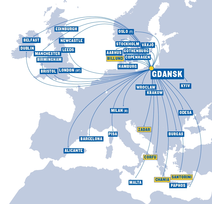 Mapa połączeń lotniczych Ryanair z Gdańska. - Grafika: Ryanair