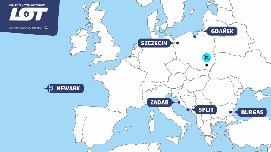 Mapa połączeń PLL LOT z Rzeszowa - Grafika: Port Lotniczy Rzeszów Jasionka / PLL LOT