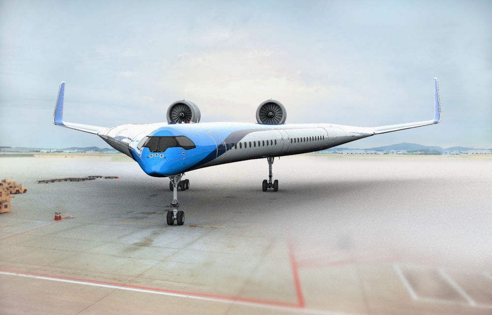 Flying-V  projekt potencjalnego statku pasażerskiego przyszłości bazuje na współcześnie wykorzystywanym samolocie  Airbus A350. - Grafika: KLM