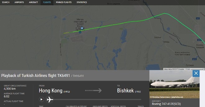 Żródło screen flightradar24.com - przebieg lotu Boeing 747-412F (TC-MCL). - 